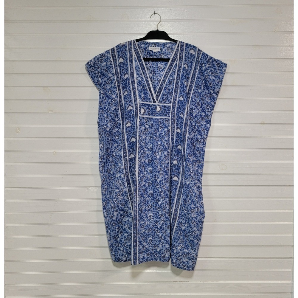 Emerson Fry India Collection Blue Floral Hand Block Print Cotton Kaftan Dress OS